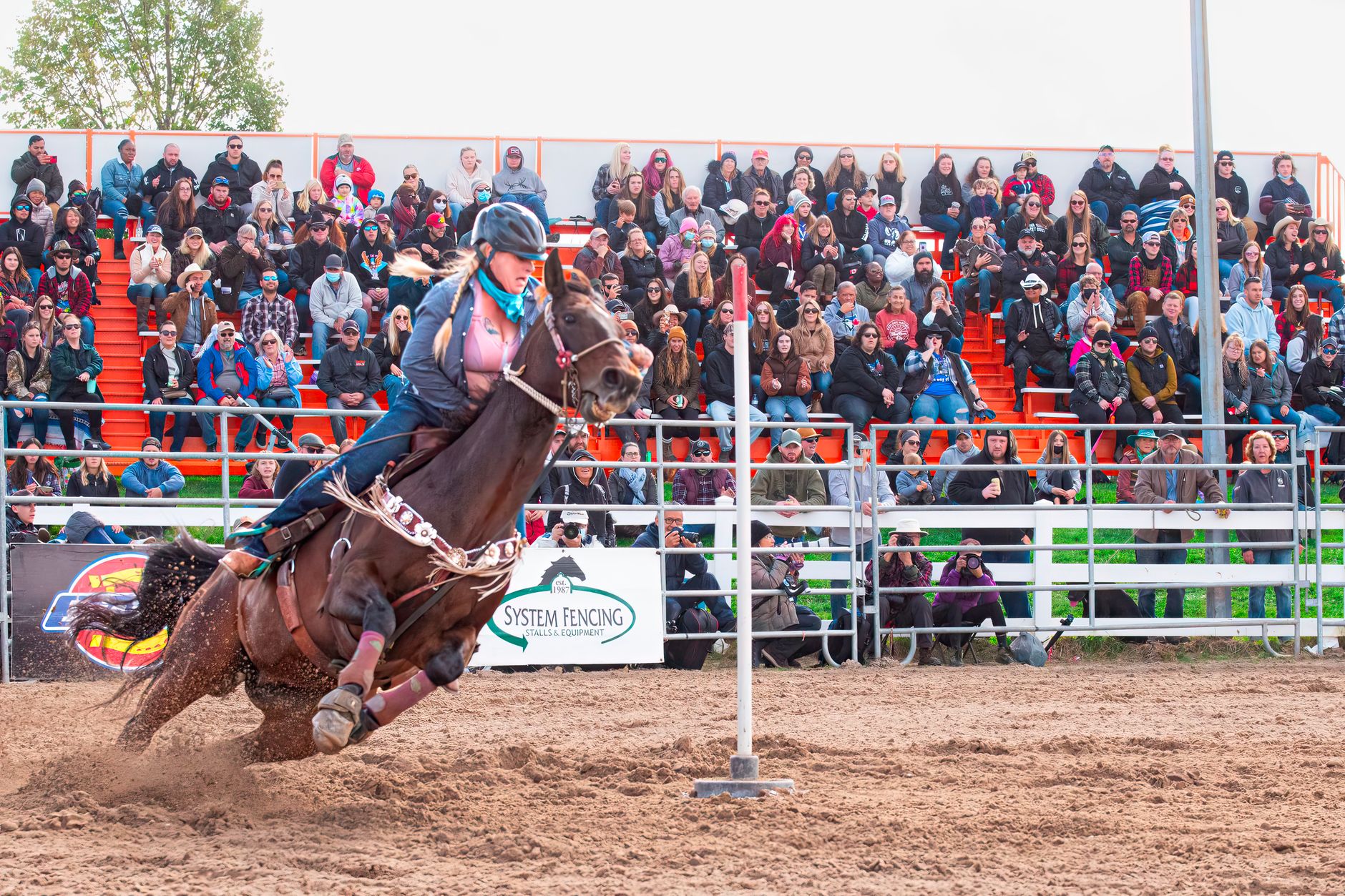 Jak ograć konia z atmosferą zawodów: flaga, głośniki i tłum Wyścig barrel racing z rozemocjonowaną publicznością na trybunach